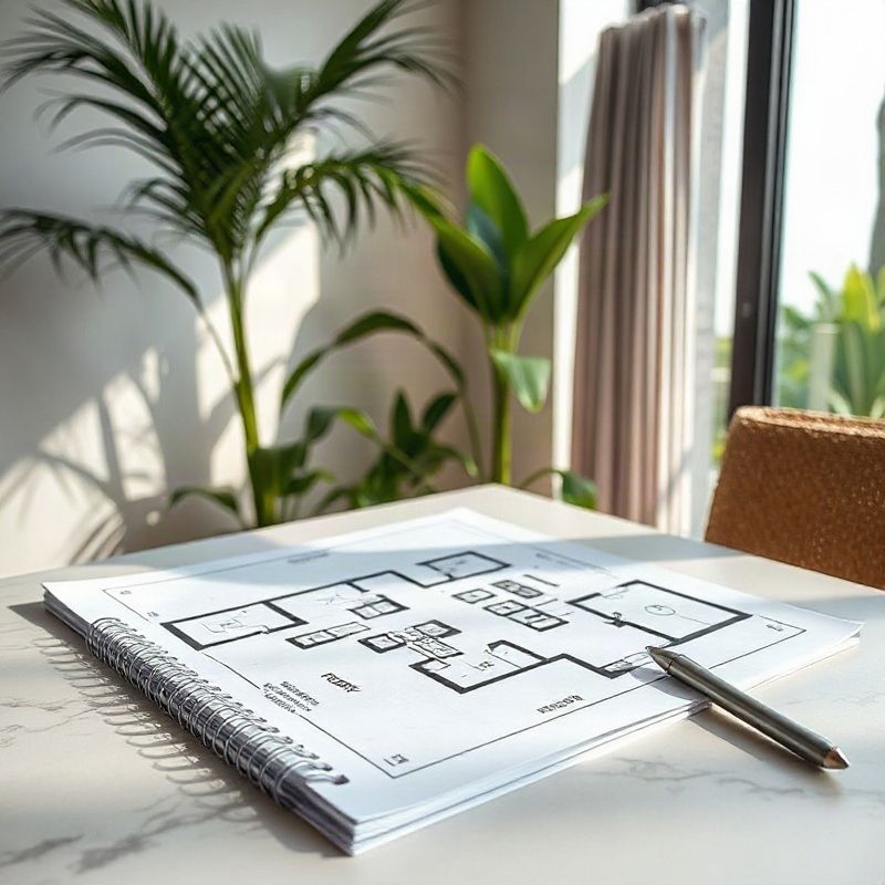 Property floor plan and notebook on a consultation table
